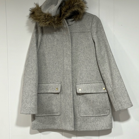 J.Crew Heather Gray Wool Blend Parka with gold hardware and fur trimmed hood Sz6